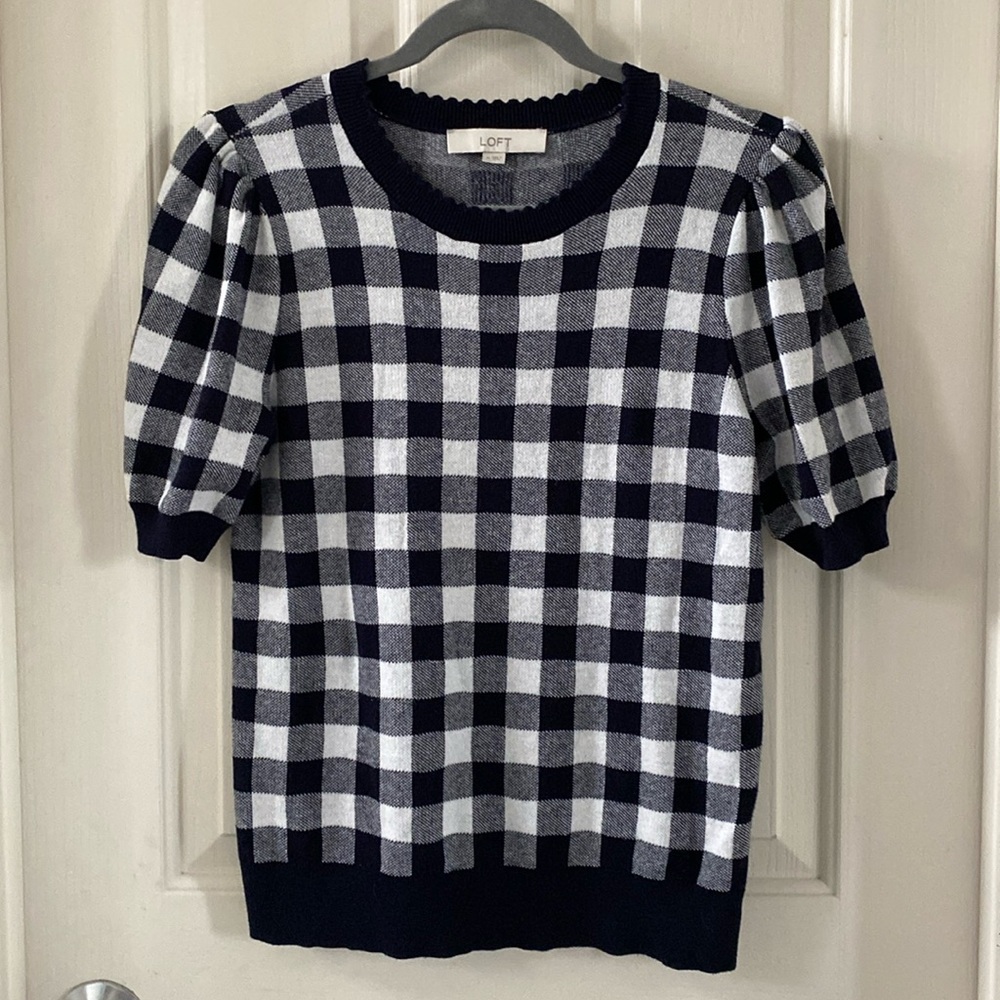 LOFT Deep Blue Gingham Puff Short Sleeve Sweater